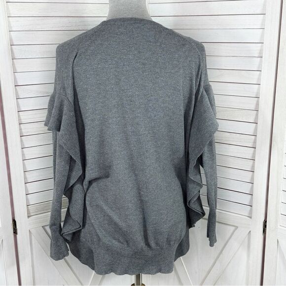 Zara Ruffle Trim Sides V Neck Sweater Grey Medium Dolman Sleeve - Picture 5 of 15